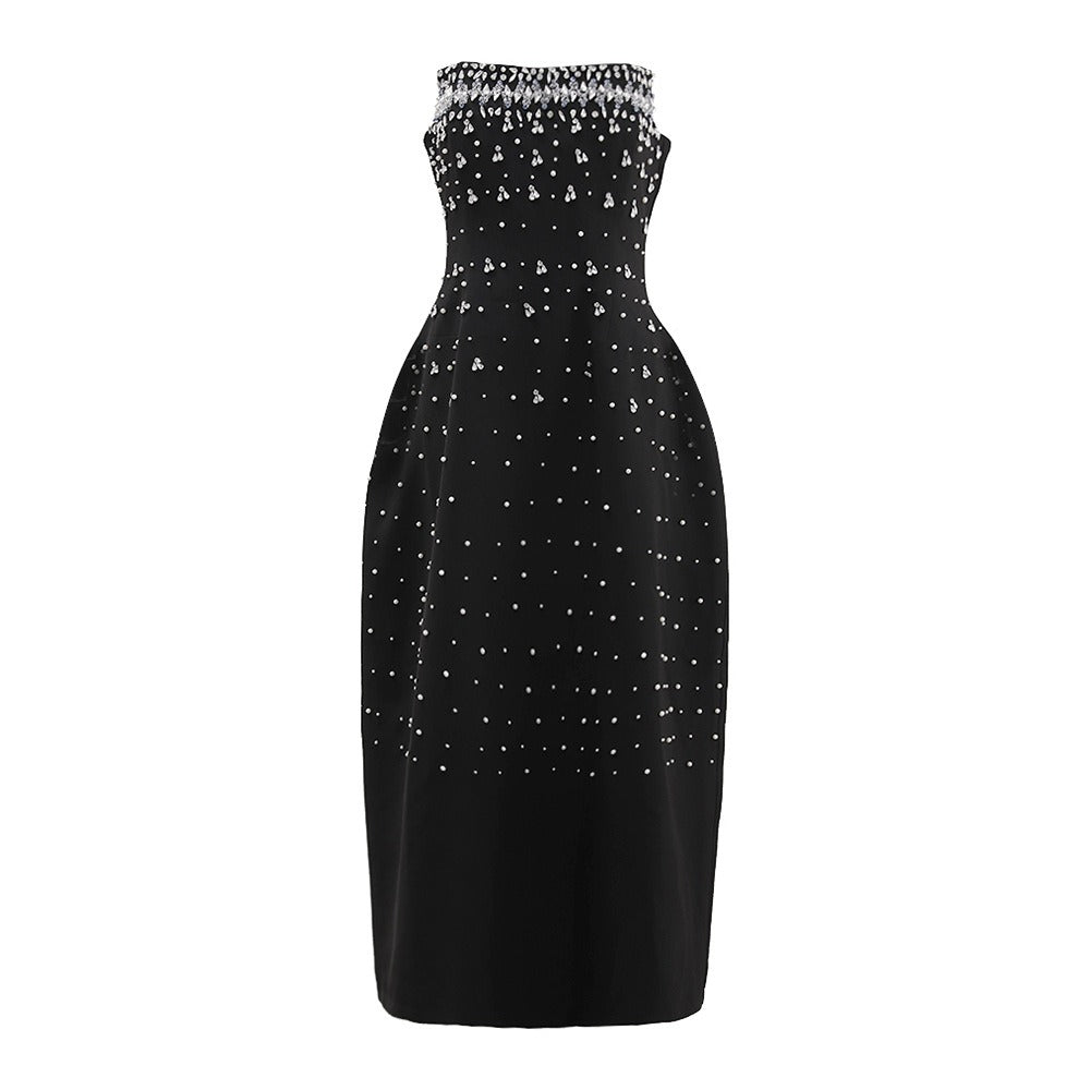 French heavy industry high-end feeling diamond studded nail bead strapless long dress for women&