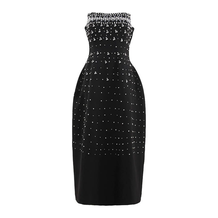 French heavy industry high-end feeling diamond studded nail bead strapless long dress for women&