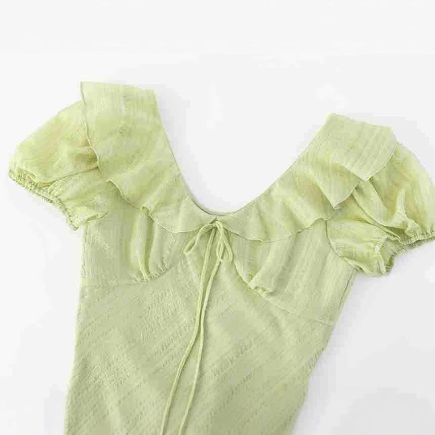 Slim Fit V-Neck Ruffle Front Tie Waist Short Sleeve Dress Long Skirt