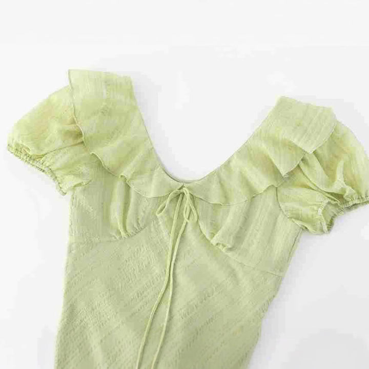 Slim Fit V-Neck Ruffle Front Tie Waist Short Sleeve Dress Long Skirt