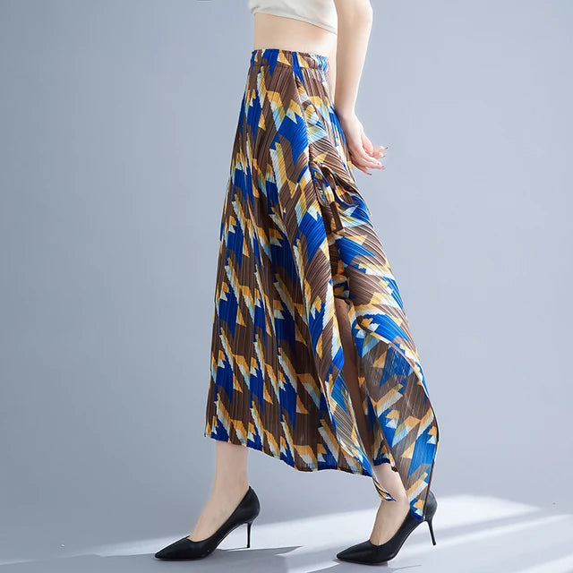 Half length skirt medium length skirt A-line skirt for women irregular pleats thousand bird pattern printed skirt