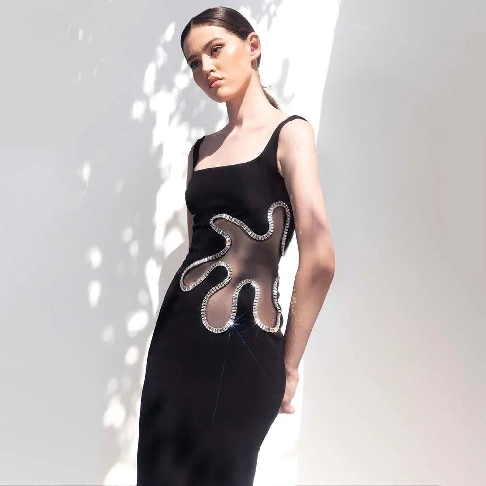 Black mesh diamond long sleeveless square neck high-end dress knitted bandage women&