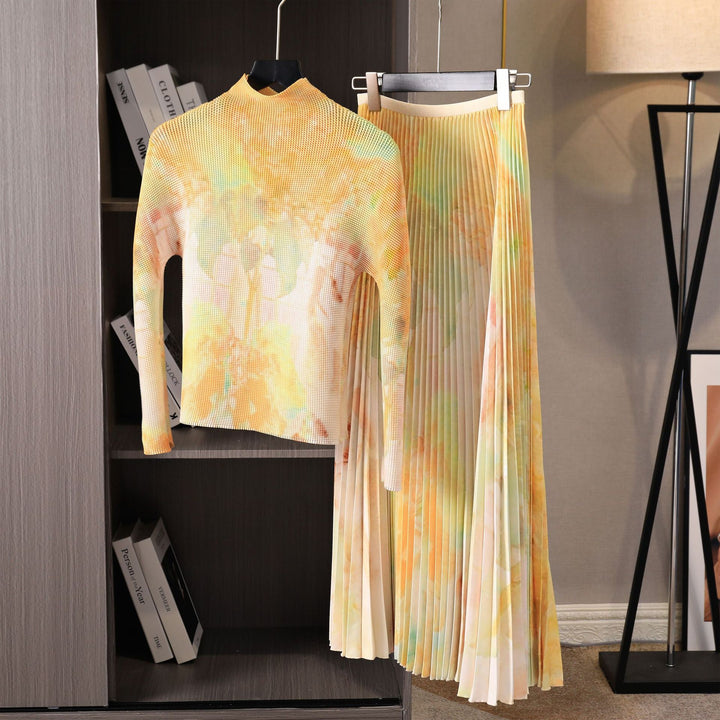 Long Sleeve 2 Pieces Set Pleated New Slim Elastic Print Elegant Top Fashion A-line Skirt Lady Cloth Autumn Winter