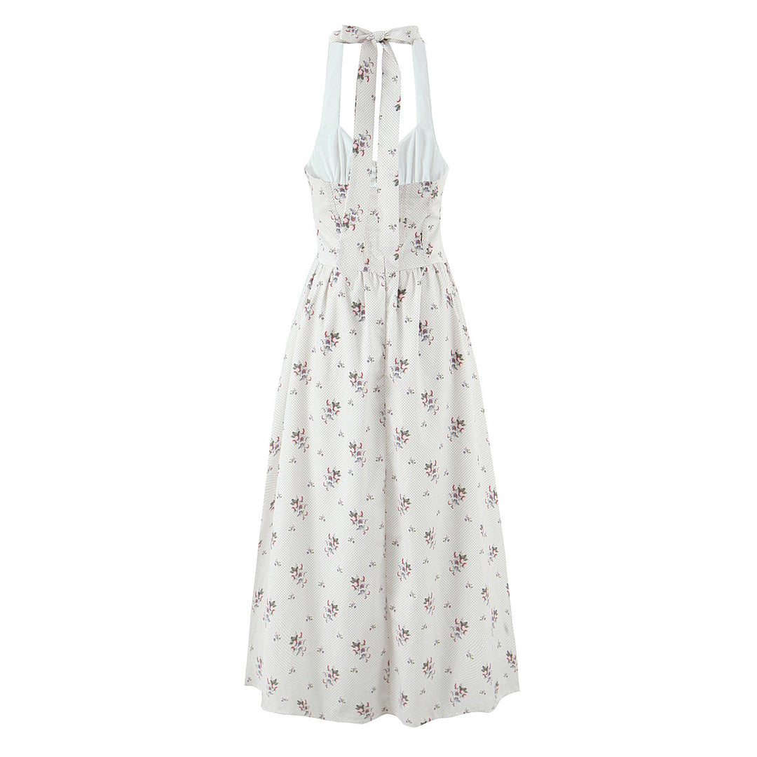 Floral lace up neck cinching waist cinching suspender dress for women