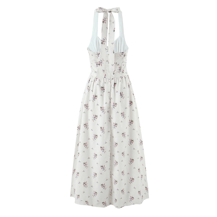 Floral lace up neck cinching waist cinching suspender dress for women