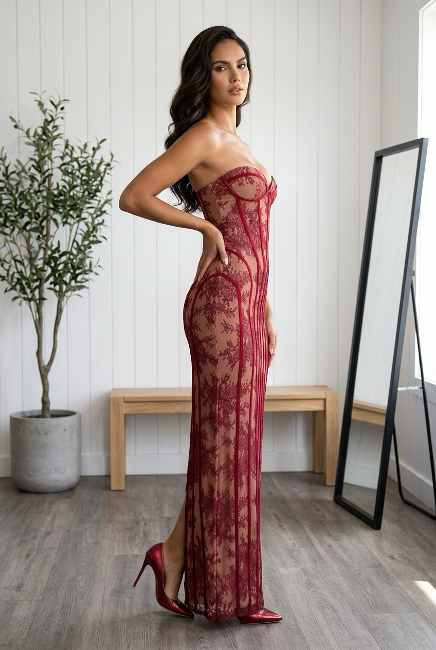 Lace Up Back Strapless Maxi Dress