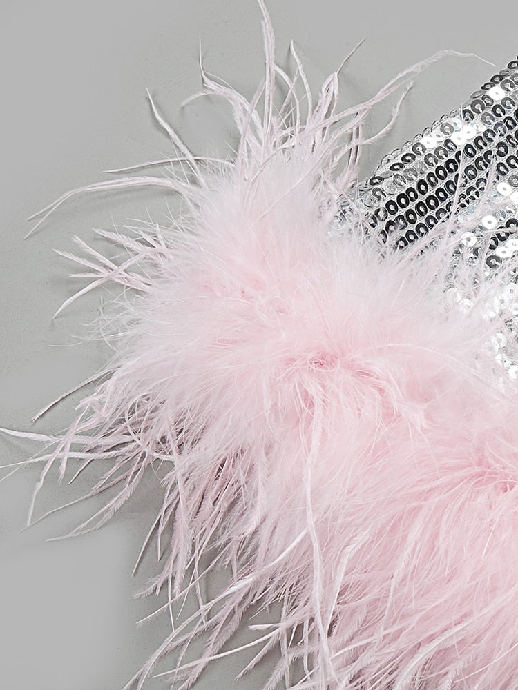 Birthday Party Dress For Women Pink Ostrich Feather Design Silver Sparkling Sequins Strapless Midi Dress