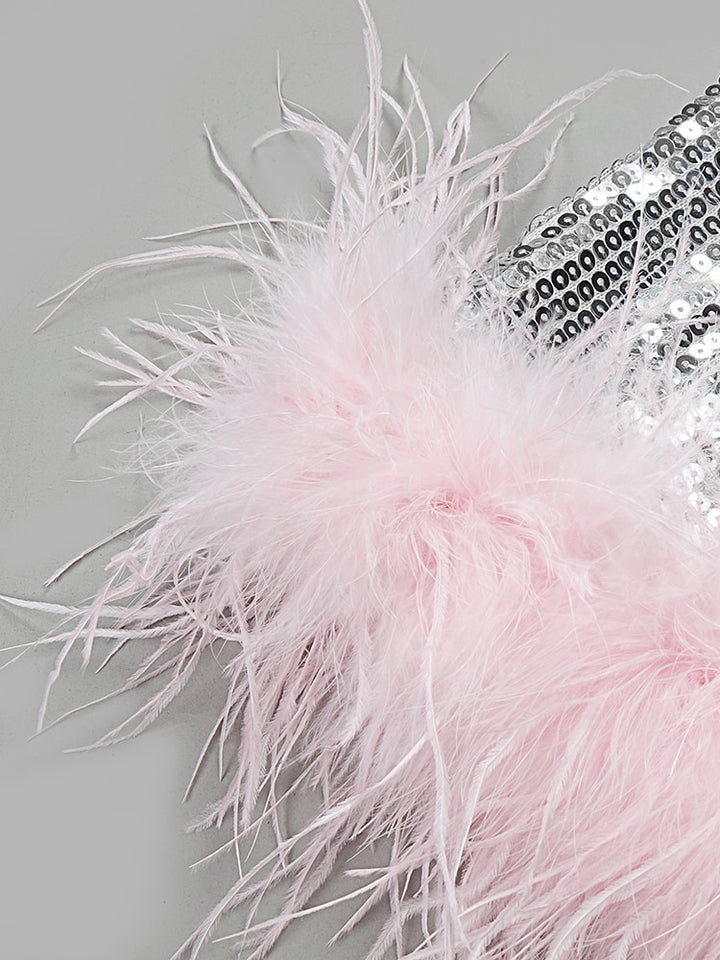 Birthday Party Dress For Women Pink Ostrich Feather Design Silver Sparkling Sequins Strapless Midi Dress