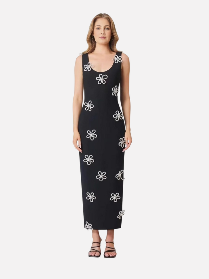 Summer U-neck sleeveless diamond studded three-dimensional flower slim fit black dress with buttocks wrapped