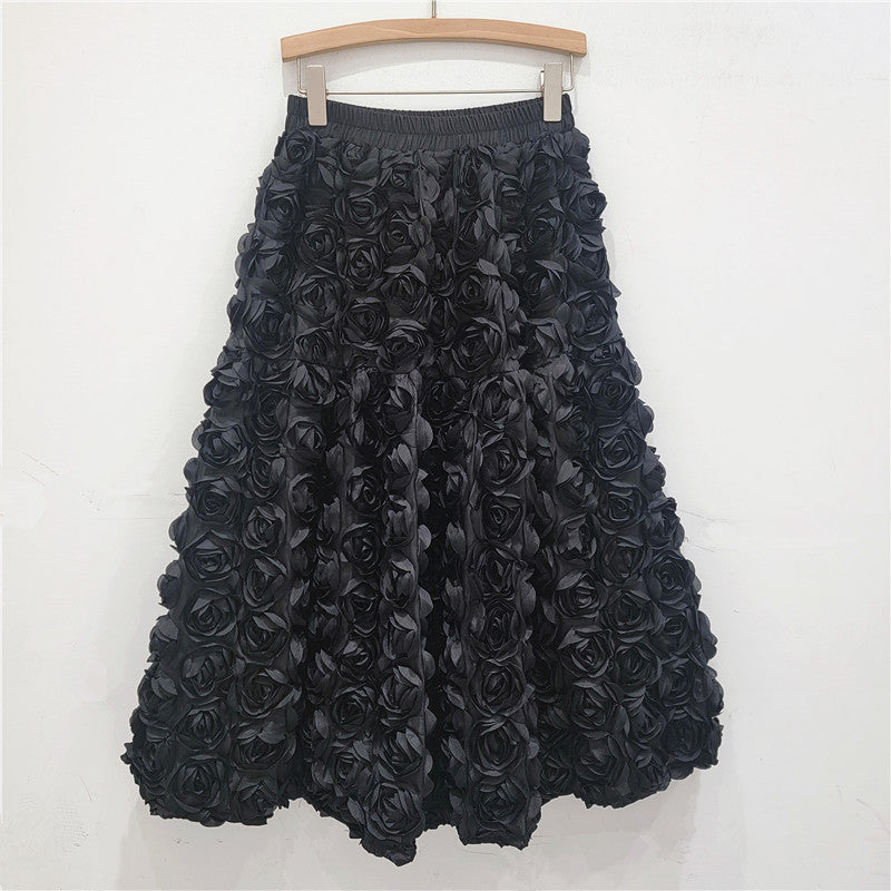 Half skirt French three-dimensional flower high waist fashion A-line half skirt long skirt