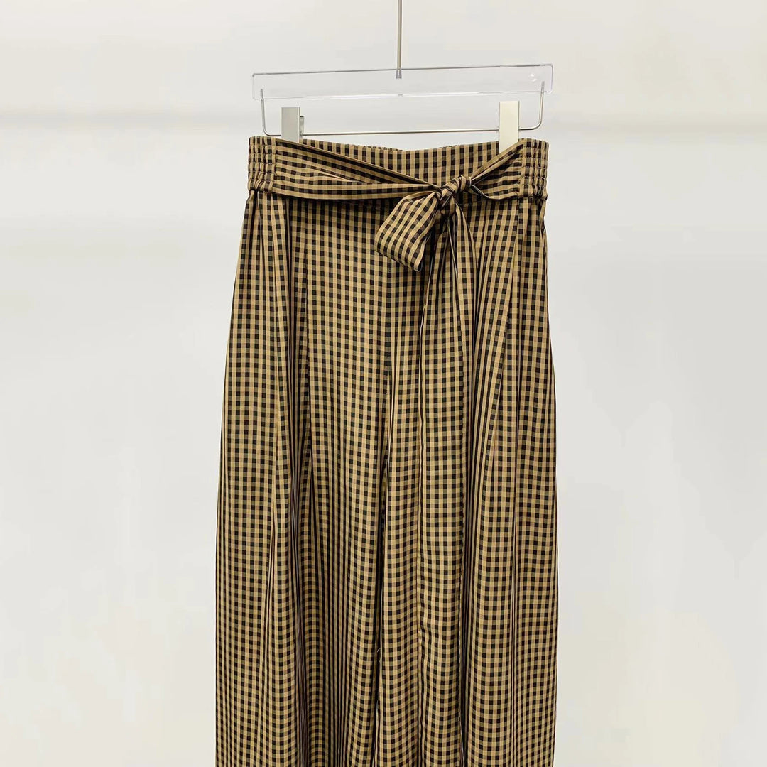 Commuter Loose y2k Elastic High Waist Tie Wide Leg Casual Pants Vintage Plaid Loose Hundred Women&