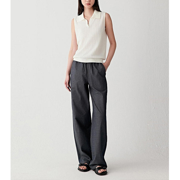 French Hollow-Out Polo Neck Knit Vest for Women, Slim Fit Sleeveless Summer Basic Top Short Upperwear
