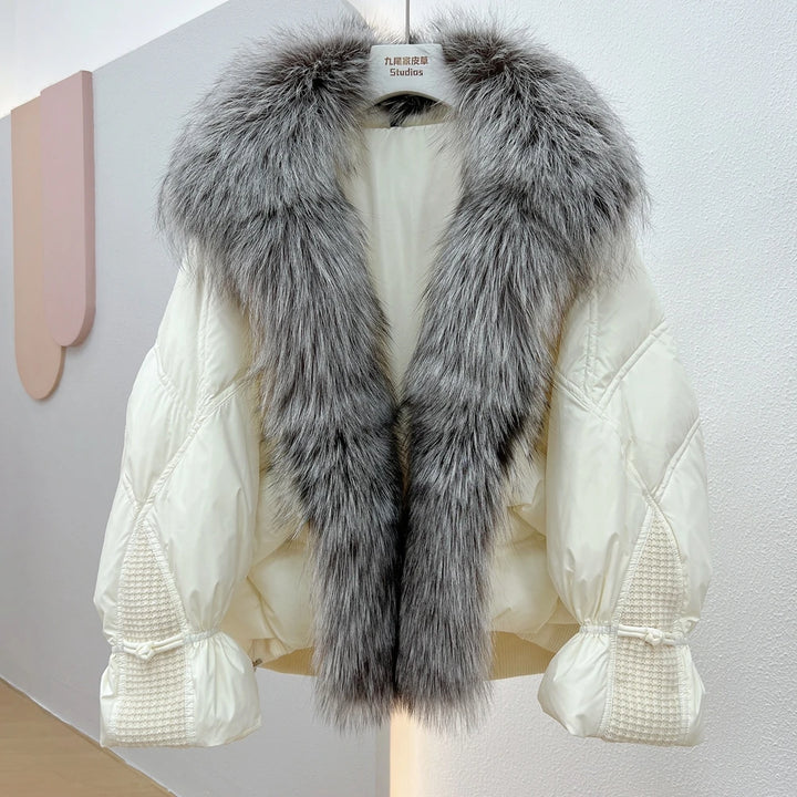 Janveny Natural Silver Fox Fur Collar Women&