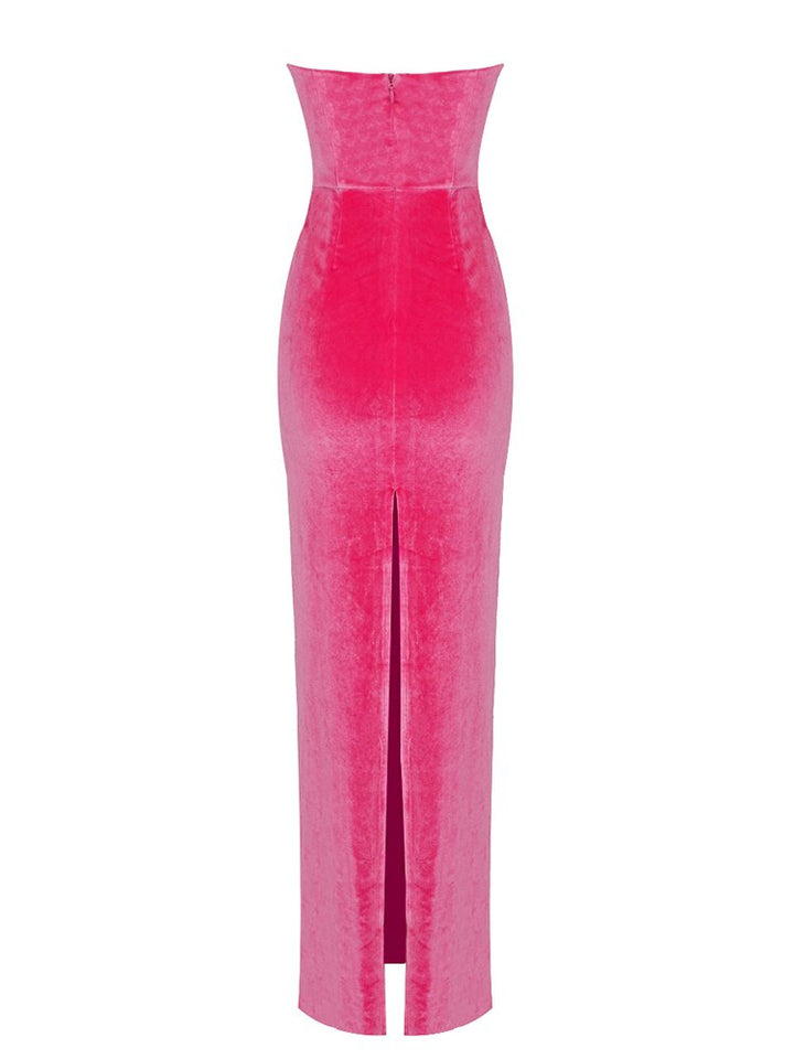 Hot Pink Strapless Velvet Dresses Women Summer Trendy Cross Knot Design Bodycon Long Elegant Dress