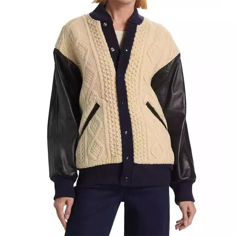 New in Korean Fashion Contrast Knit Panel down coats Wool blend long sleeved top Warm thick coat