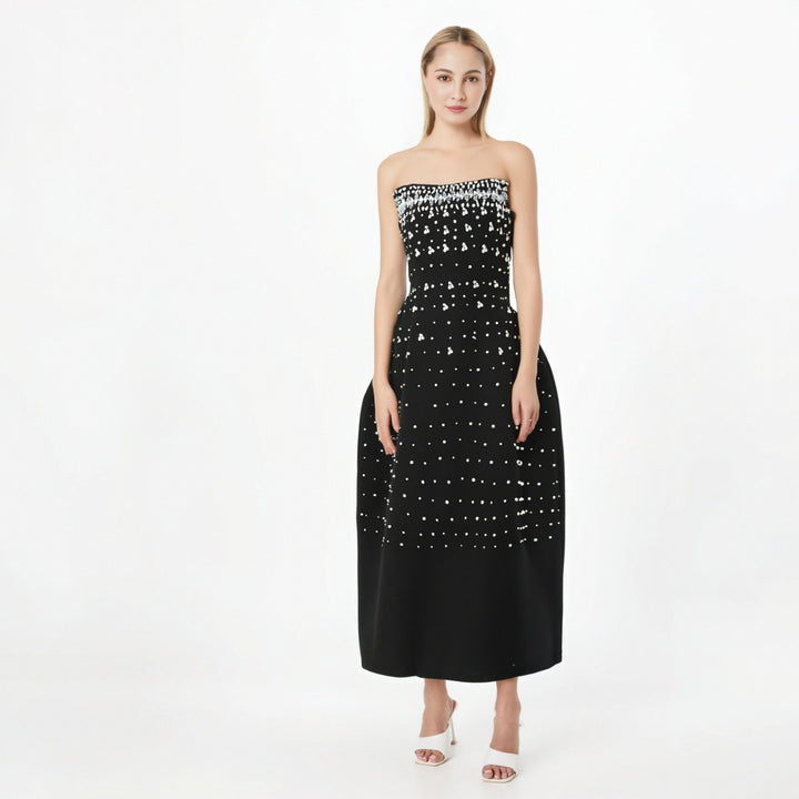 French heavy industry high-end feeling diamond studded nail bead strapless long dress for women&