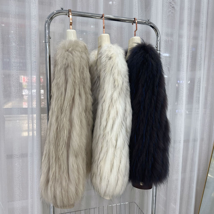 Raccoon fur grass coat, woven with car stripes, women&