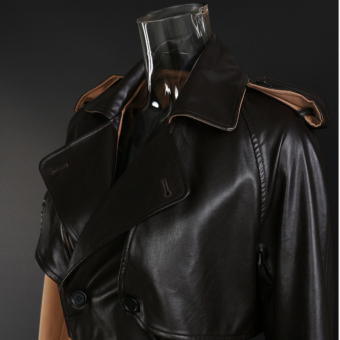 Spliced Leather Trench Coat Women&