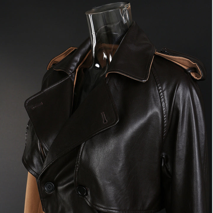 Spliced Leather Trench Coat Women&