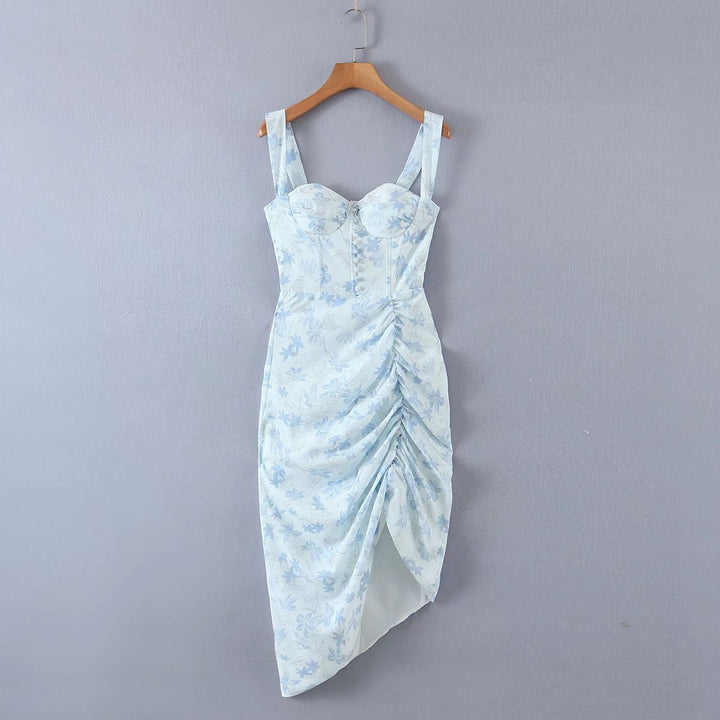Holiday Style Suspender Dress Fashion Ins Temperament Design Print Pleated Side Slit Midi Dress Skirt