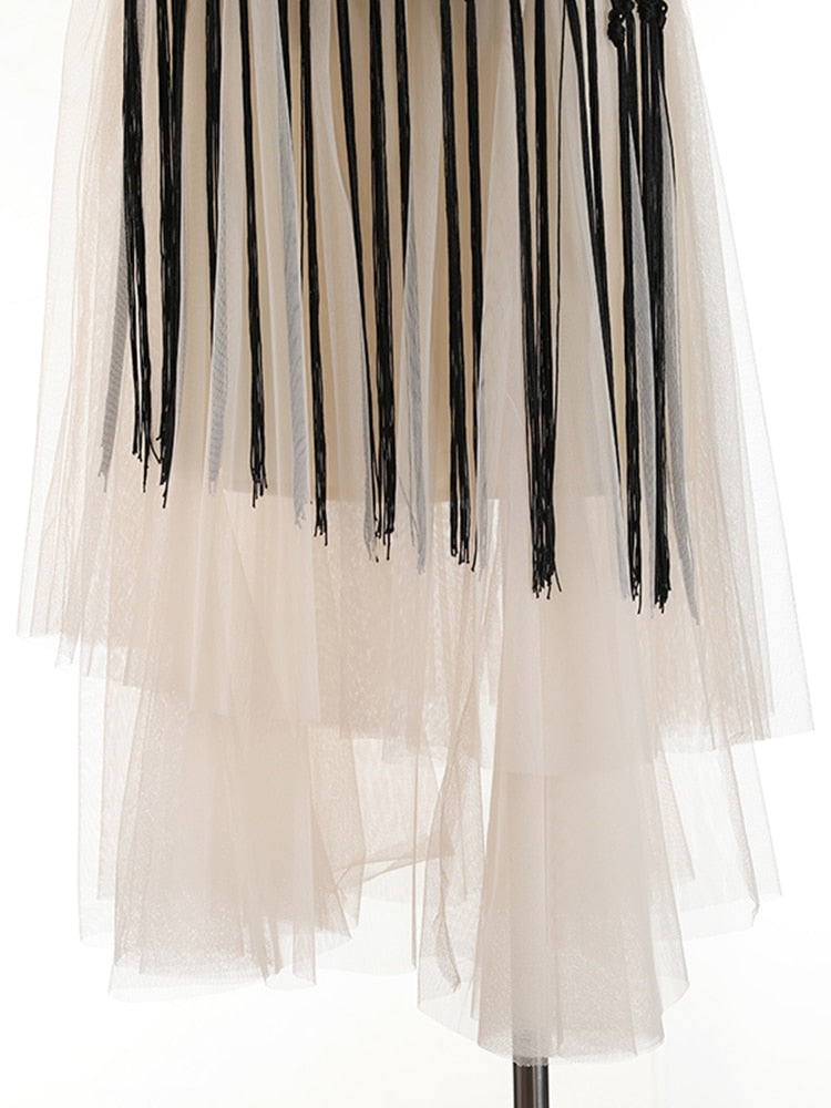 Patchwork Tassels Mesh Skirt For Women High Waist A Line Casual Midi Skirts Female Summer Clothing Style New