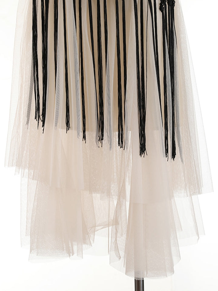Patchwork Tassels Mesh Skirt For Women High Waist A Line Casual Midi Skirts Female Summer Clothing Style New