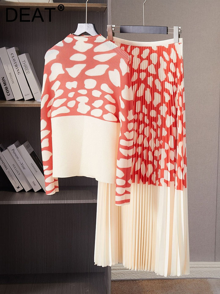 2 Pieces Set For Women Color Block T Shirt Long Sleeve A-line Elastic Waist Skirts Elegant Cloth Fashion Spring