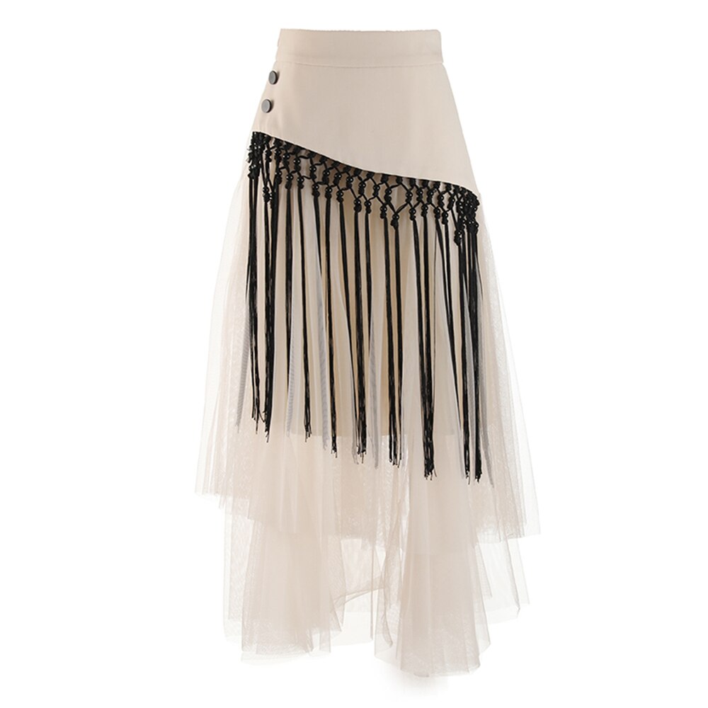 Patchwork Tassels Mesh Skirt For Women High Waist A Line Casual Midi Skirts Female Summer Clothing Style New