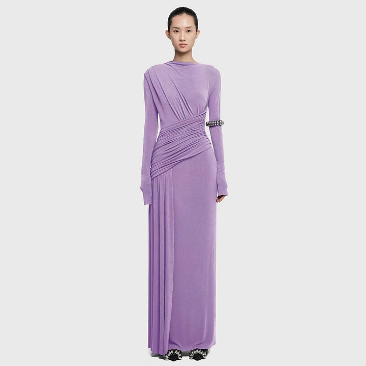 Elegant Knit Long Sleeve Ribbon Dress with Asymmetrical Neckline, Elastic Pleated Floor-Length Skirt