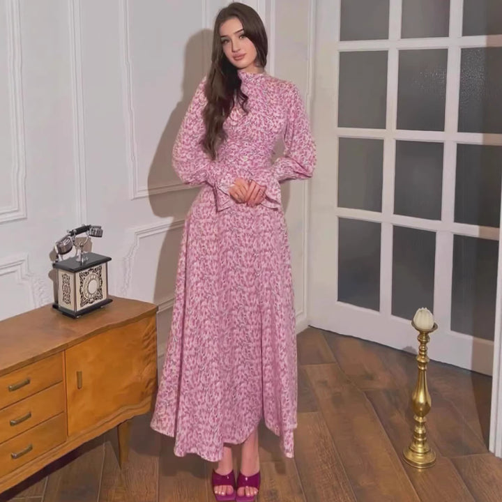 Floral Satin Summer Design Gentle Style Loose Tie Waist Dress with Floral Pattern Long Dress