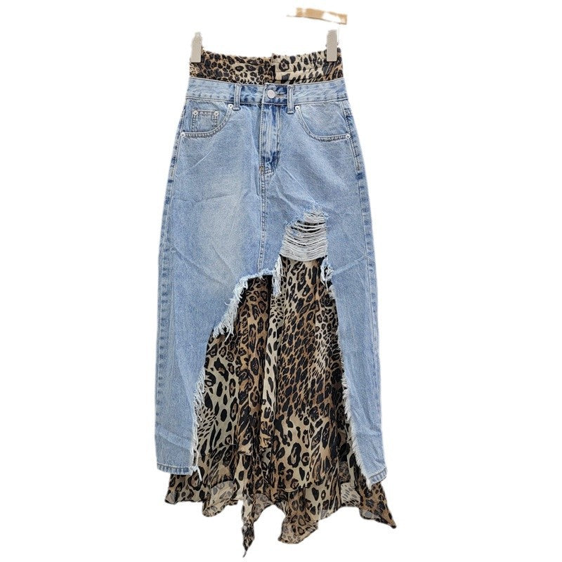 Autumn New Product: Cowboy Leopard Pattern Splicing Fake Two piece Half Skirt, Slimming and Slimming, Spicy Girl Style Half Skirt for Women
