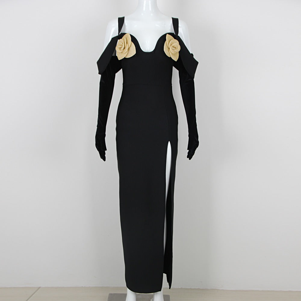 Fashionable and sexy black long-sleeved tube top suspender dress with bandage and slim flowers