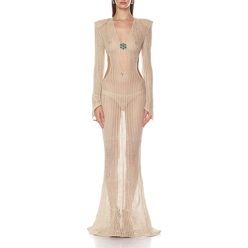 Fashion Sexy Cover-Up Long Dress for Women, Deep V-Neck Elegant Hollow-Out Waist-Baring Long Sleeve Dress