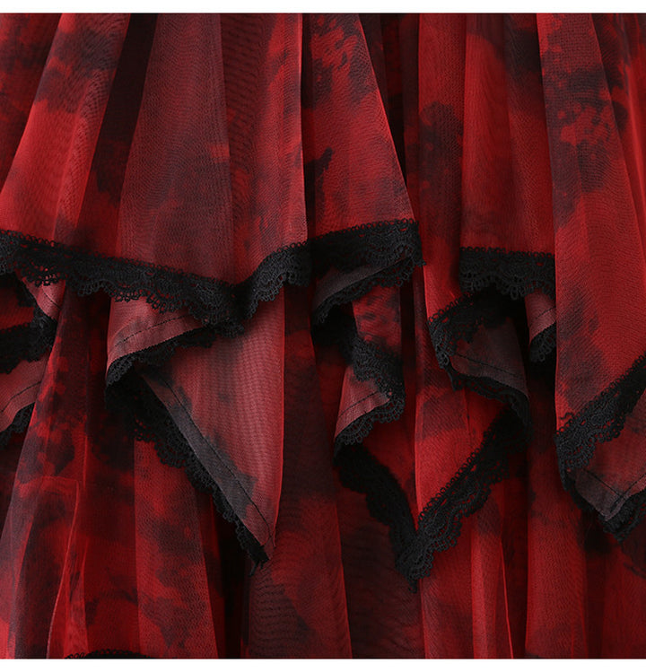 Lace cake-style tulle skirt with tie-dye print, super fairy-like skirt, irregular mesh midi skirt