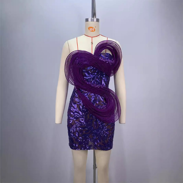 Fashionable backless one shoulder design strapless mesh sequin tight purple mini dress