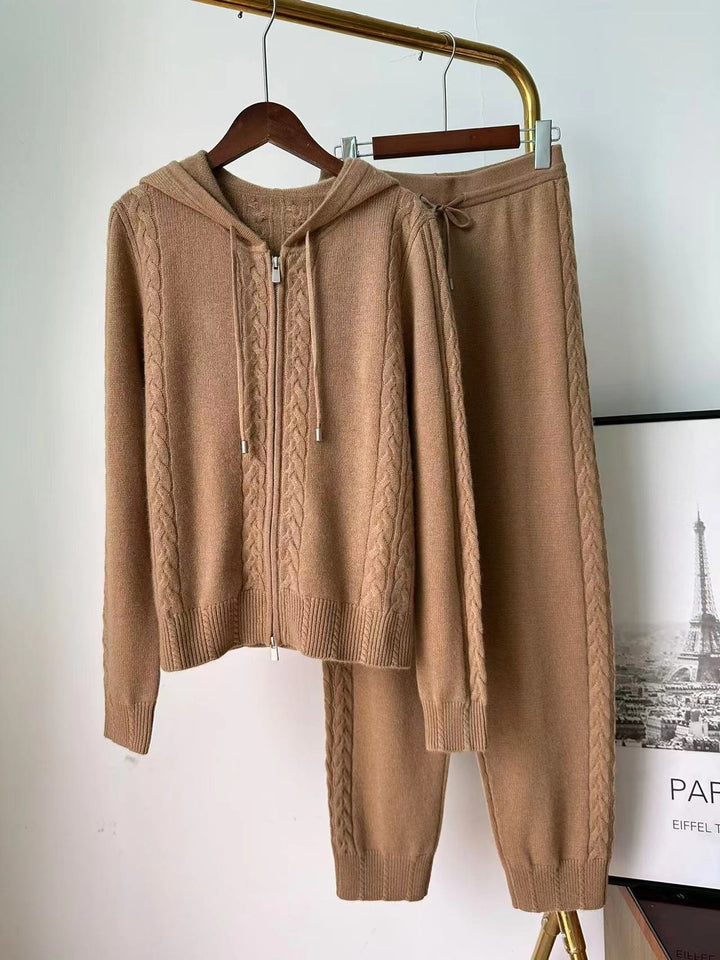 Casual cashmere suit twist knitted hooded sweatshirt cardigan leggings and trousers two piece set
