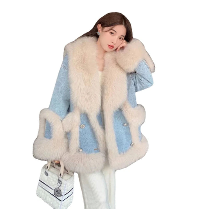 Denim Fur Splicing Coat Women&