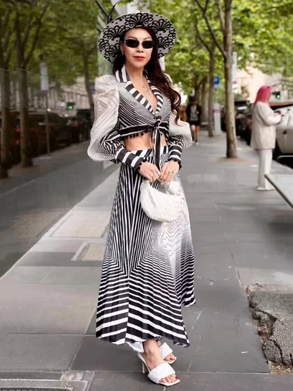 Striped lace up shirt+high waisted skirt set of two pieces