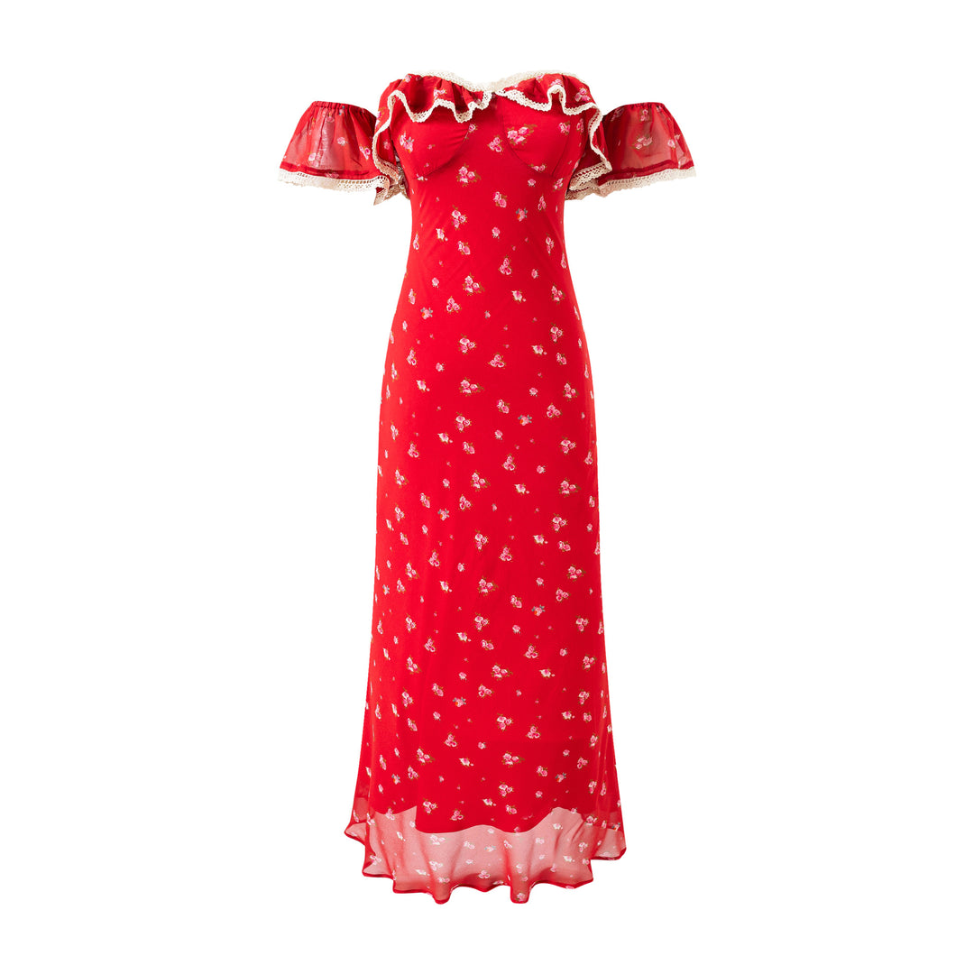 One-Shoulder Lace Hem Red Base Floral Print Dress