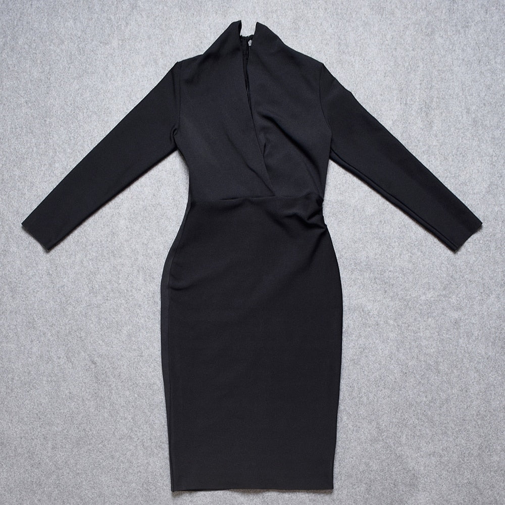Black V Neck Long Sleeve Lady&