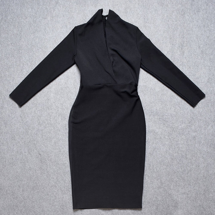 Black V Neck Long Sleeve Lady&