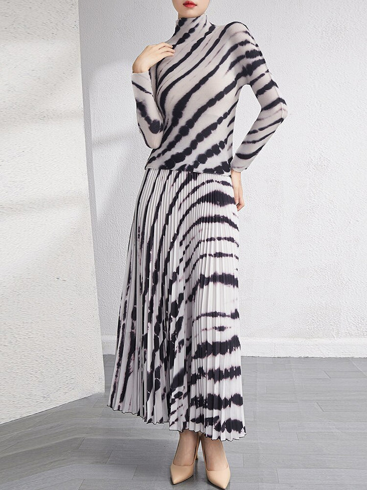 Striped Contrast Color Pleated Suit For Women Pullover Top Long Sleeve A-line Skirt Two Piece Set New Spring