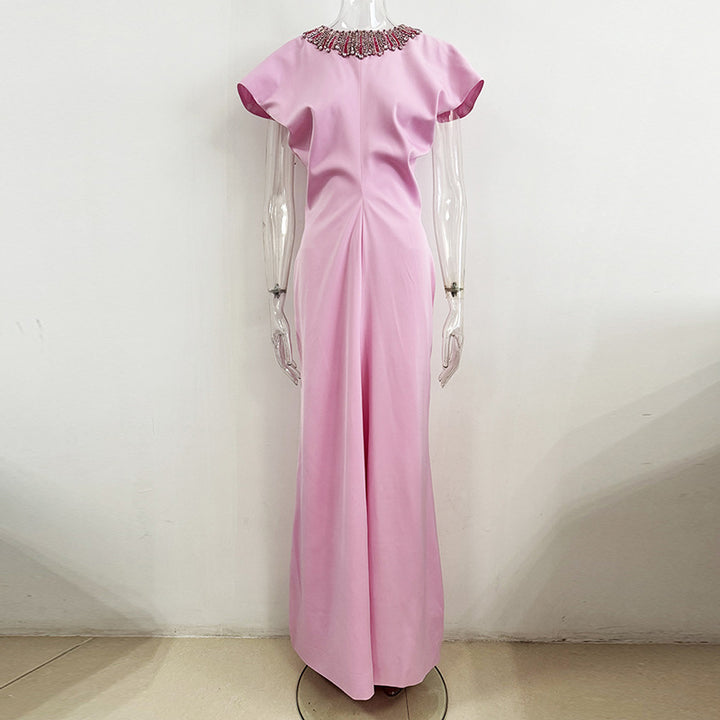 Nail bead diamond bat sleeve long dress
