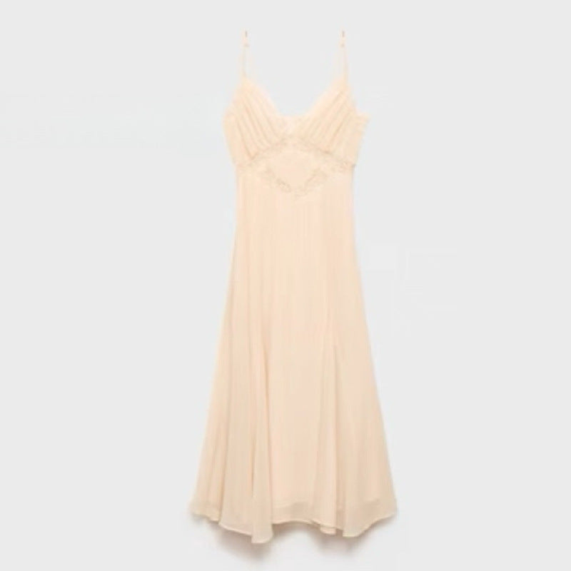 V-neck hollow lace camisole mid length dress