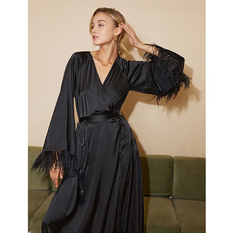 Summer New Design Sense Of Streamer Ostrich Hair Sexy Black Bandage Waist Slim Dress Nightdress