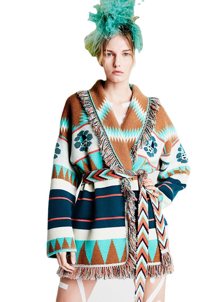 Autumn And Winter Medium Long Jacquard Sweater Coat Loose Thickened Vintage Wool Blended Knitting Cardigan