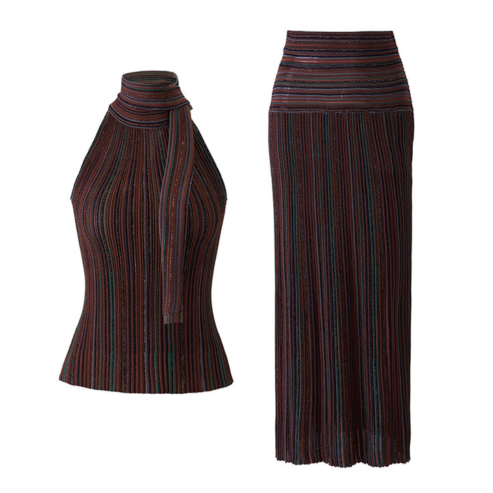 Striped sleeveless vest skirt set