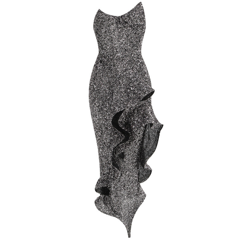 Strapless long skirt with lotus leaf hem party dress