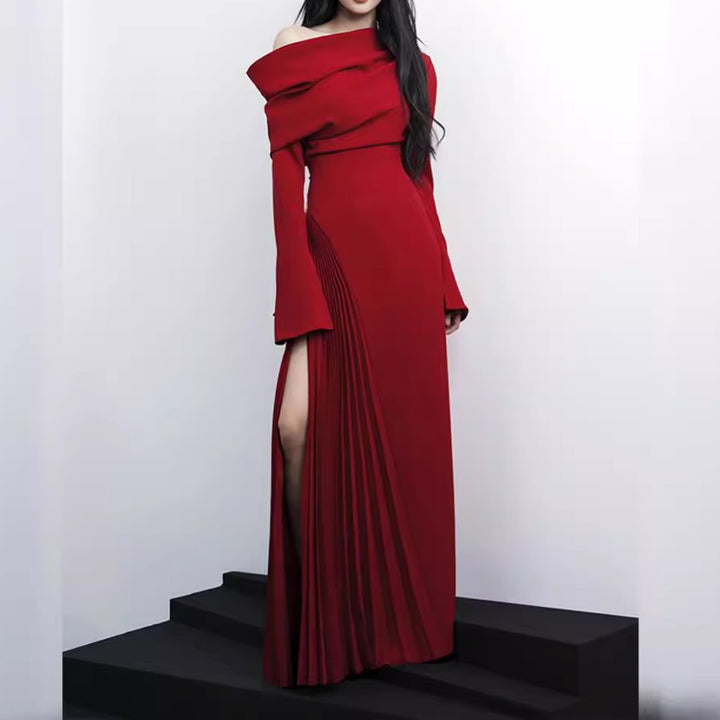 Vietnamese niche high-end stacked off shoulder dress women&