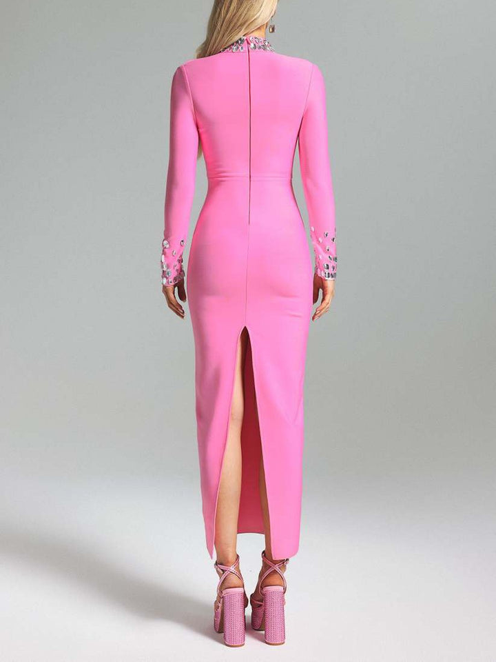 European and American autumn and winter long sleeved slit dress with mesh belt diamond round neck